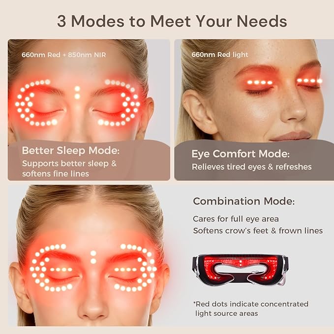 Red Light Therapy for Eyes, Under Eye Red Light Eye Mask for Fine Lines Eye Bags, 3 Modes Face Mask Device, Infrared Light Therapy for Dark Circles, Visual Wellness, Eye Fatigue, Jet Lag