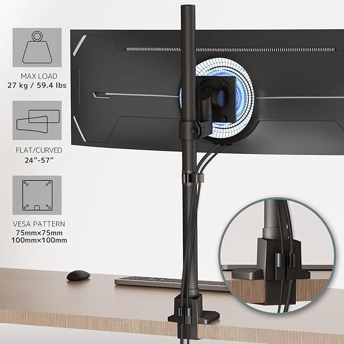 Monitor-Arm Ultrawide Heavy Duty 24-57'' - Extra Tall Aluminum Single Monitor Mount Holds up to 59.4lbs, Adjustable Desk Mount Stand, VESA 75/100 mm, Black