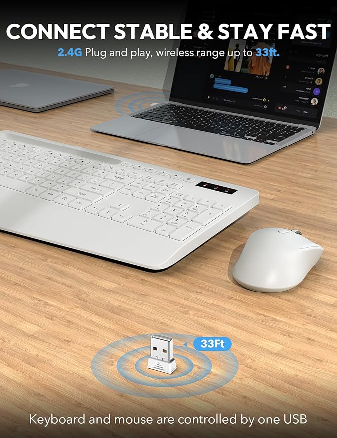 Wireless Keyboard and Mouse, Wrist Rest, Phone Holder, 2.4G Lag-Free Ergonomic Keyboards Mouse Combo, KM23D Silent Keyboards Set for Computer, Laptop, PC, Windows, White -SABLUTE