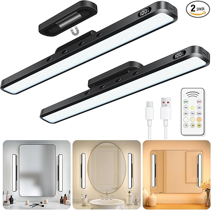 WILLED 5W Vanity Lights for Mirror with Remote Control,Magnetic Stick on Mirror Lights,Adjustable Color Temperatures Magnetic Light Bar for Mirror,Makeup Light for Bedroom, Bathroom(2 Pack)