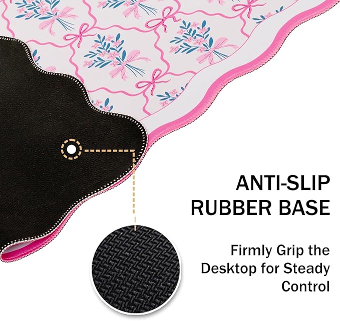L-SPOUTTO Pink Mouse Pad,Cute Desk Mat XXL Large Scalloped Gaming Mousepad,35.4x15.7in Non-Slip Rubber Base Keyboard Pad Waterproof Girly Desktop Mat for Laptop Computer Game Home Office-Flower Bow
