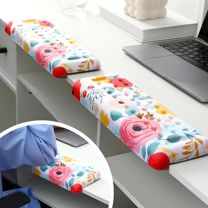 2 Pcs L-Shaped Desk Wrist Rest Elbow Pad Set Desk Edge Rest Cushion Non-Slip Memory Foam Arm Padding Wrist & Forearm & Elbow Comfort Support for Table or Table Edge (Watercolor Flowers)