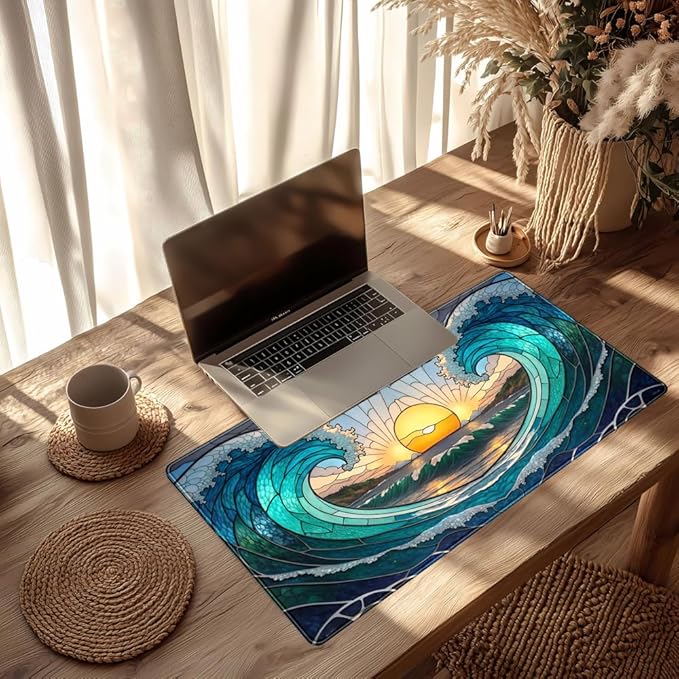 Beach Sunset Desk Mat Cute Large Mouse Keyboard Desk Pad, Aesthetic Cute Gaming Desk Keyboard Mats for Desk Pad Mat, Faux Stained Glass Sunset Mousepad Southwest Landscape Desk Pad 31.5x15.7 in
