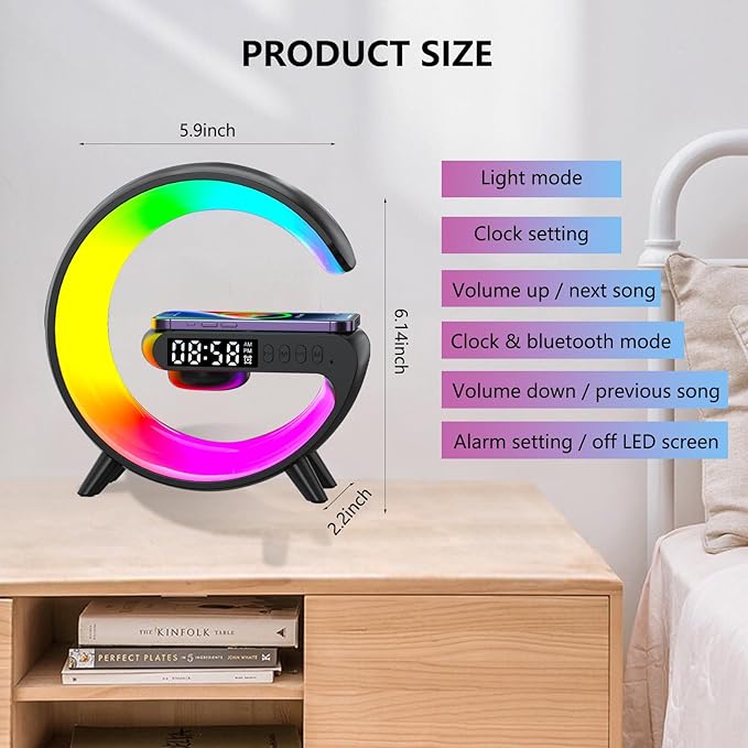 Wireless Speaker Charger Light,LED Bedside Lamp 4-in-1 Alarm Clock,Mood Light,Speaker & Wireless Charger,G-Shaped Atmosphere Lamp RGB Colour Changing Lamp for Bedroom,Birthday Gifts(Black)