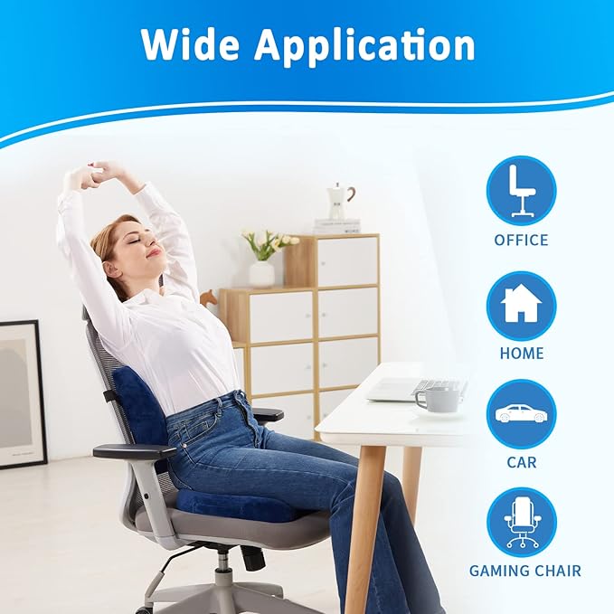 SAIREIDER Chair Cushion and Lumbar Support Pillow for Office Chair, Car Seat Cushions Back Support Pillows, Memory Foam Chair Support for Back & Lumbar, Ergonomic Coccyx & Lumbar Support (Blue)