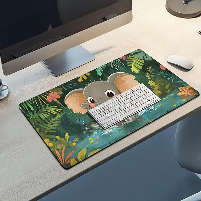 Large Ergonomic Gaming Mouse Pad Playful Baby Elephant - Fun Safari Animal Theme with Non-Slip Base Water-Resistant Surface and Stitched Edges 40X75cm