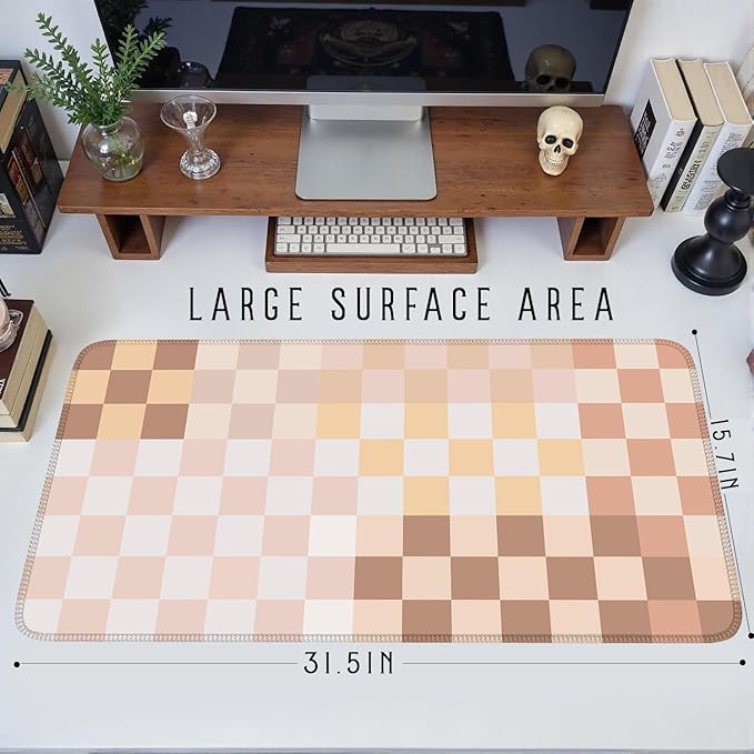 Checkered Boho Desk Mat Beige Pink Mouse Pad XXL Pastel Retro Large Mouse Pad with Stitched Edges, Keyboard Pad Mouse Mat for Computer Aesthetic Office Decor Desk Matt for Desktop 31.5 X 15.7In