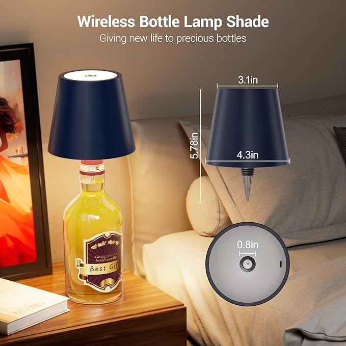 Wine Bottle Lights, Wireless Bottle Lamp Shade with 3 Color Temperature, Rechargeable Stepless Dimming LED Bottle Lights for Liquor Bottles, Desk Lamp for Bedroom Restaurant Bar - Black