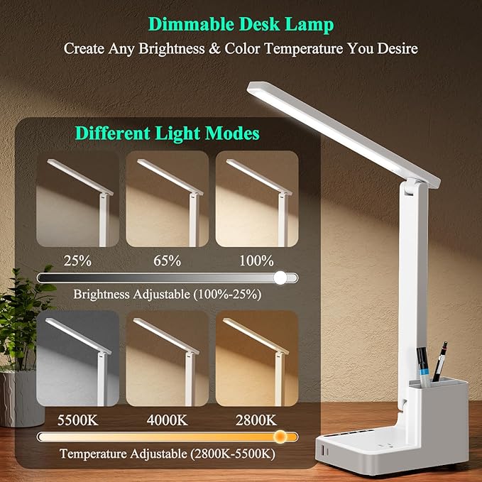 COZOO LED Desk Lamp with 2 USB Charging Ports,Type C Port,1 AC Outlet,2 Pen Holders,3 Color Temperature 3 Brightness Level,Touch/Memory/Timer,10W Eye Protection Foldable Reading Light,Study Lamp-White
