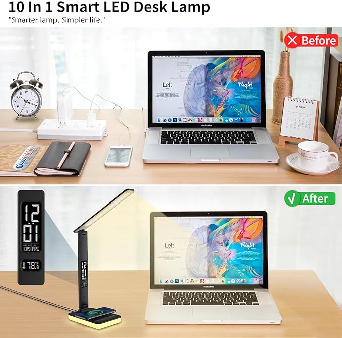 LED Desk Lamp for Home Office, USB Charging Port, Reading Lamp Desk Light with 5 Brightness, 3 Colors, Table Lamp with Clock, Alarm, Date, Temperature, Desk Lamp for College Dorm Room (Black)
