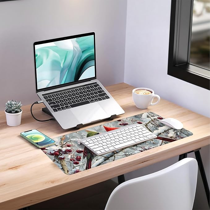 Christmas Bird Extended Gaming Mouse Pad 31.5x11.8inches Large Desk Mat Anti-Slip Rubber Base & Durable Stitched Edges for Gamers Smooth Mouse Writing Surface for Desk Office/Home