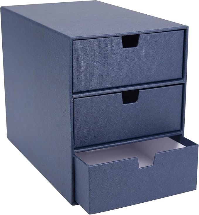Bigso Box of Sweden Ingrid 3-Drawer Fiberboard Desk Organizer for Office Supplies & Accessories - Stackable Makeup Drawer Organizer - 6.3in x 9.9in x 8.1in - Blue (Pack of 2)