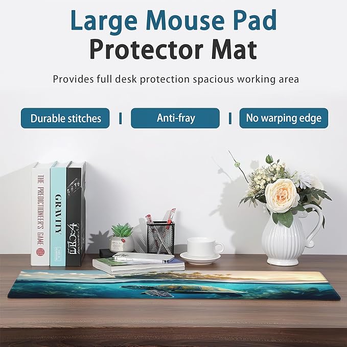 Desk Mat, Sea Turtle Tropical Extended Gaming Mouse Pad Large, Big Desk Mat with Non-Slip Base and Stitched Edge, Long Computer Keyboard Mouse Mat for Home Office Work 31.5"x15.7"