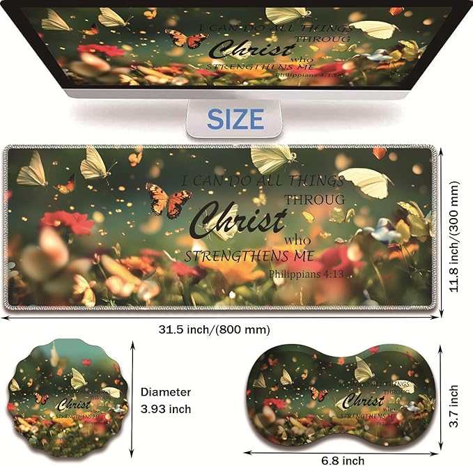 Extended Non-Slip Mouse Pad + Mouse Wrist Rest + Lace-Shaped Coaster Set, Ergonomic Design, Suitable for Desk and Home Gaming Table Mat, Butterflies and Philippians 4-13