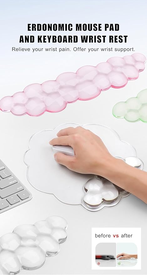 Mouse Pad with Wrist Rest, Soft Cloud Gel Keyboard Mouse Pad Set with Hand Wrist Support, Cute Non Slip Office Desk Accessories for Comfort/Computer/Laptop (2Pc Clear Cloud)