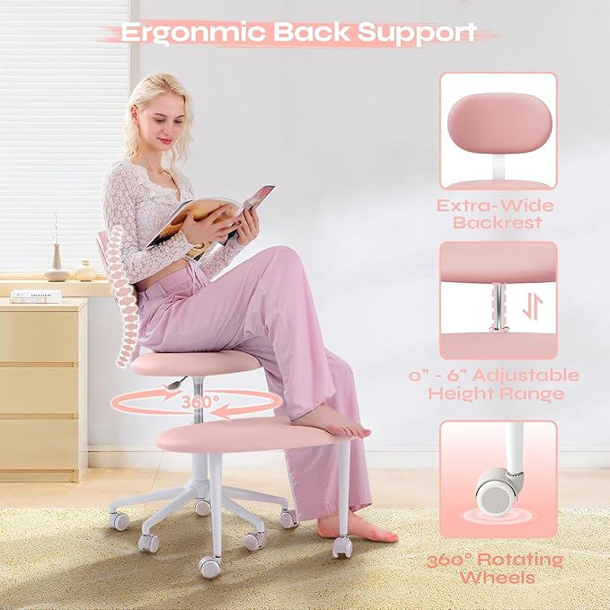 Ergonomic Cross Legged Office Chair with Wheels, ADHD Chair for Adults, Meditation Chair, Yoga Office Chair, Comfortable Back Support, Height Adjustable,Small Spaces, PU Leather, Pink
