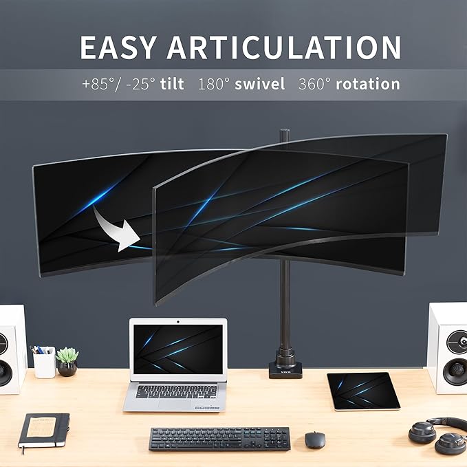 VIVO Single Ultra-Wide Monitor Extra Tall Desk Mount for up to 49 inch Ultrawide Screens, Clamp-on Adjustable Stand Holds 44 lbs, VESA up to 100x100mm, Black, STAND-V100T