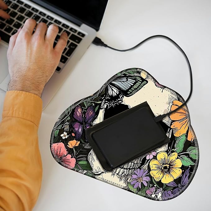 Cute Mouse Pad Plus 1 Coaster, Small Gaming Mouse Mat 11.8 x 9.45 inches, Travel Mouse Pads with Durable Stitched Edges Non-Slip Base, Sugar Skull Flowers Decor Mousepad for Office Home