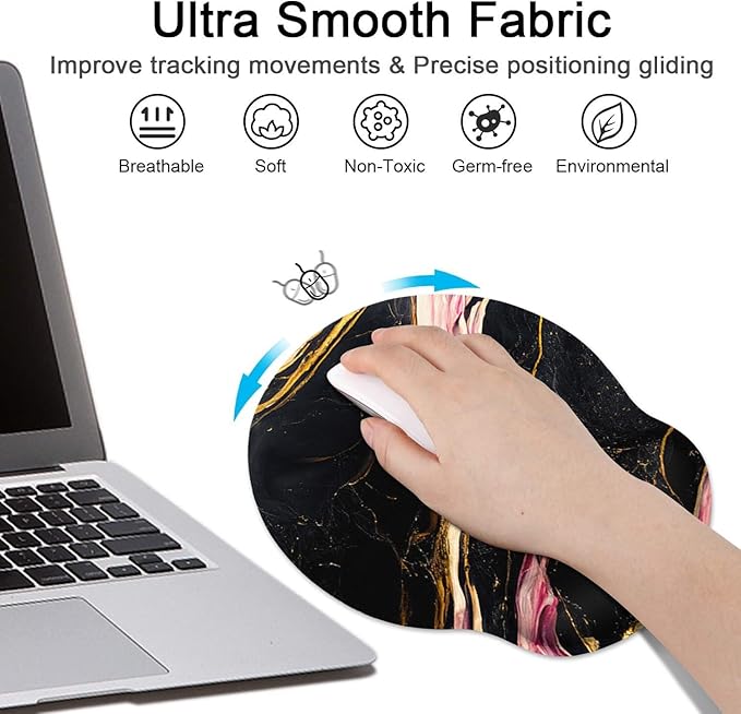 Britimes Black Pink Gold Marble Ergonomic Mouse Pad Set with Wrist Rest Non-Slip Rubber Base Wrist Cushion Support and Coasters Mousepad with Wrist Support for Computer Keyboard and Desk