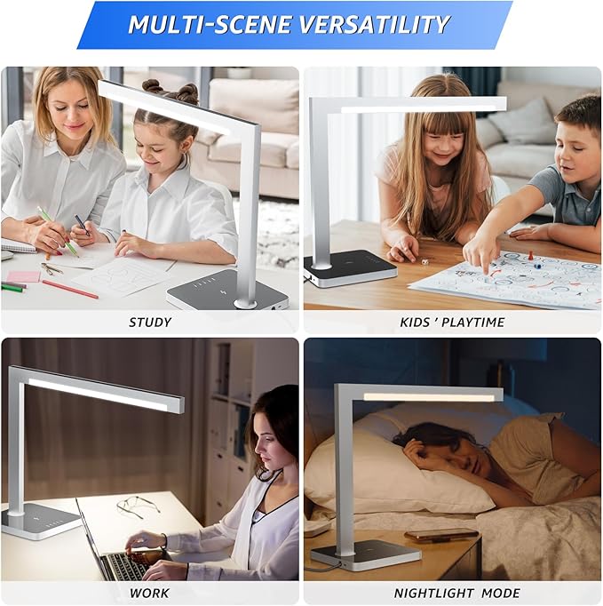 Aluminum LED Desk Lamp with Charging Station, 15W Table Lamp with Type-C Ports & 4 Color Temperature Modes(3000K-6000K), Dimmable Reading Light for Home Office,Bedroom (Includes Adapter)