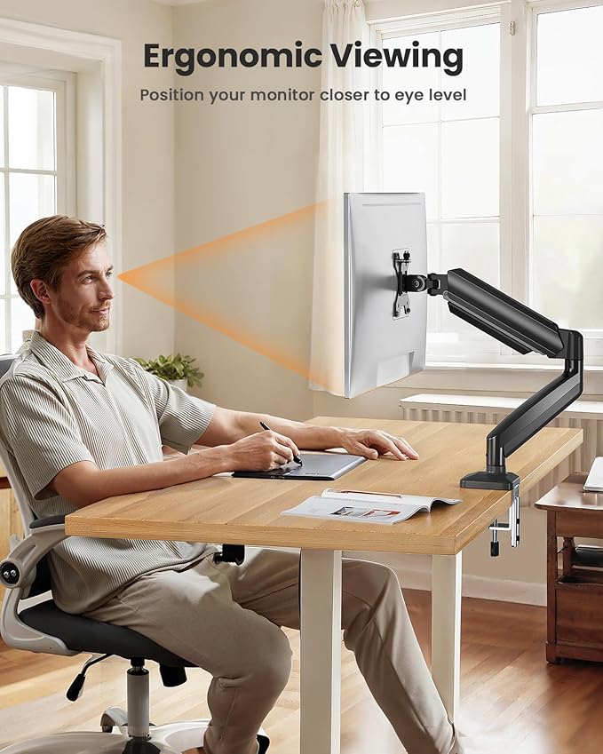 ErGear Single Monitor Arm, Adjustable Monitor Mount for 17–49 inch Screens, Computer Monitor Stand with VESA Mount, C-Clamp & Grommet Base, Max Load 22 lbs, Max VESA 100x100mm, EGSS25B