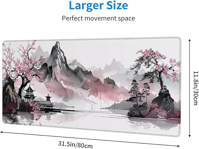Cherry Blossom Desk Mat Gaming Mouse Pad Pink Watercolor Japanese Extended Gaming Mat with Stitched Edge Non-Slip Base Big Office Computer Keyboard Laptop Home 31.5"x11.8"