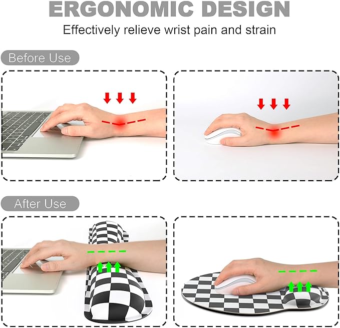 Ergonomic Mouse Pad with Wrist Rest and Keyboard Wrist Rest, Mousepad and Keyboard Pad, Non-Slip Rubber Base, Mouse Pad with Wrist Support for Gaming, Computer, Office, Black Checkered