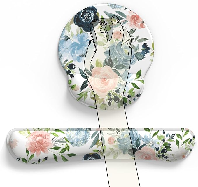 Green Blue Pink Floral Mouse Pad Wrist Support Keyboard Wrist Rest Set, Ergonomic Mouse Pad with Non-Slip Pu Base for Computer Office Comfortable Mouse Wrist Rest Easy Typing Mouse Pad.