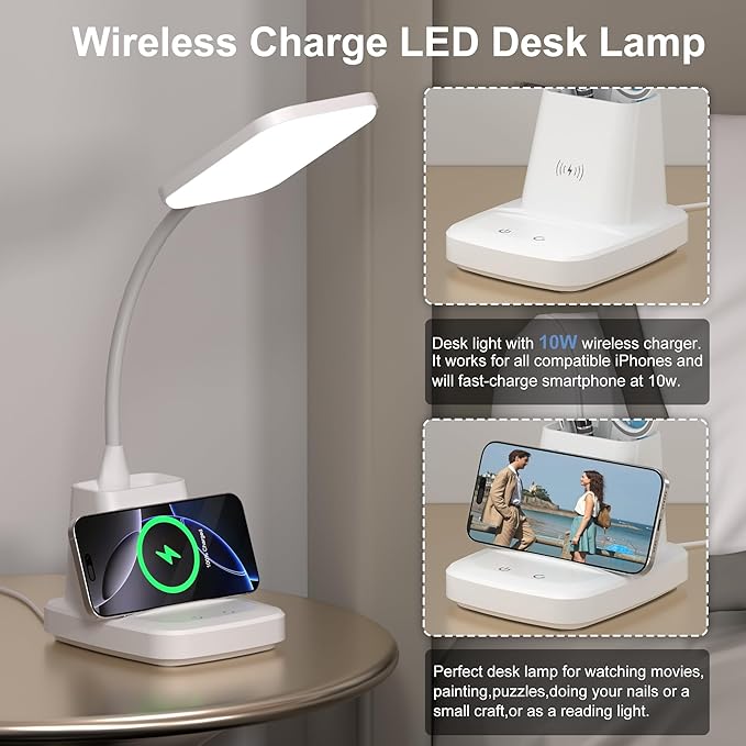 Wireless Charging Desk Lamp with Pen Holder, 800LM Dimmable Office Light with 3 Color Modes, 8W LED Table Lamp for Computer Desk, Studying, White