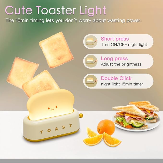 TOOGE Desk Decor Cute Toast Lamp Small Desk Lamp Night Light for Kids Rechargeable with Smile Face Kawaii Decor for Bedroom, Table, Bedside, Desk Gifts for Kids and Adults