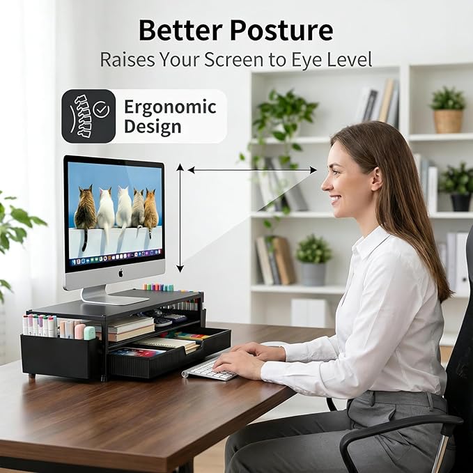 Desk Organizer and Accessories, 2-Tier Computer Monitor Stand Rise with Storage Drawer & 2 Pen Holders, Laptop & Printer Stand for Desktop, Workspace Organizers for Office Supplies (Black 2-Pack))
