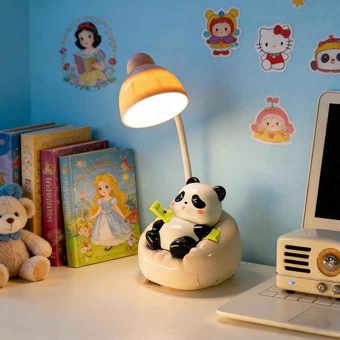 LED Desk Lamp with USB Charging Port, Gooseneck, Cute Panda Night Light for Bedroom Study Room, Boys Girls Children, Touch Control, 500 mAh, Rechargeable Lighting Decor for Boys Girls-Pink