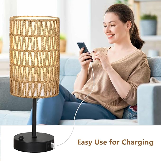 Touch Table Lamp Set of 2 For Bedroom with Bulb, Boho Small Desk Lamp For Living Room With Rattan & Linen Shade, 3 Way Dimmable Bedside Table Lamp For Nightstand With USB Charging Port & Phone Stand