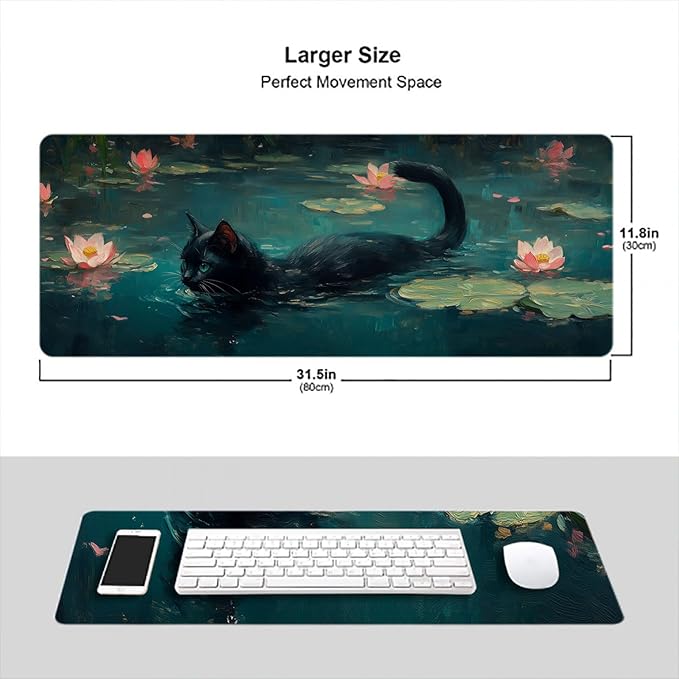 Black Cat Gaming Mouse Pad Cute Animal Green Lotus Leaves Mousepad XL Large Gaming Mouse Pad Laptop Keyboard Mat Desk Pad 31.5"x11.8" Office Computer Keyboard Laptop Home