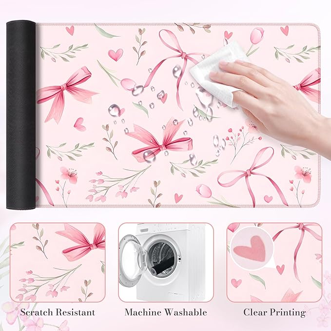 HAOCOO Pink Coquette Desk Mat for Keyboard and Mouse,Cute Floral Large Mouse Pad,Non-Slip Waterproof Desk Pad,Computer Mat with Edge Stitching for Office (Love Bow)