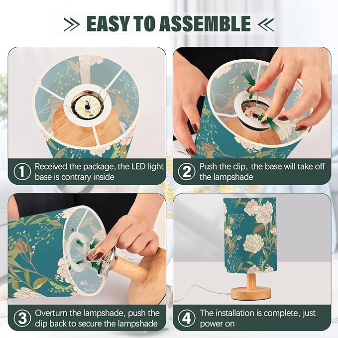 Teal Flora LED Table Lamp, Bedside Lamp with Linen Lampshade, Flicker-Free Eye Care USB Plug in Nightstand Lamp, for Bedroom and Office