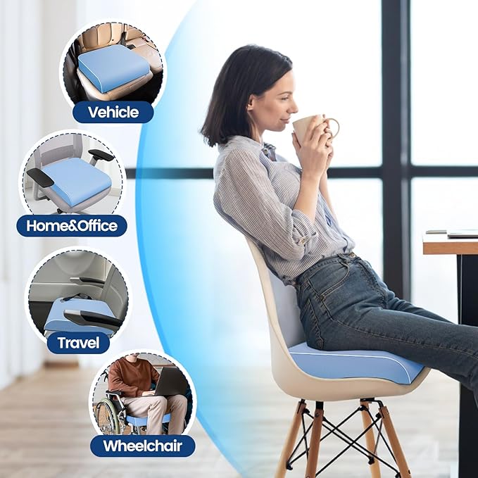 Seat Cushion for Tailbone Pain Relief, Office Chair Cushion, Memory Foam Large Chair Cushion with Non-Slip Cover for Soft Support at Office Chair, Car Seat, Airplane Light Blue/X-Large