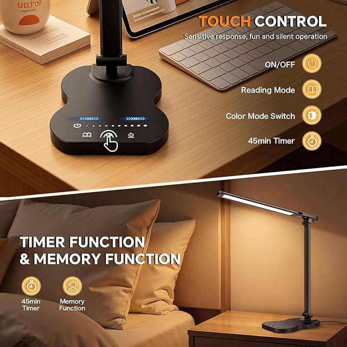 Desk Lamps for Home Office, Dimmable LED Desk Lamp, 5 Color Modes, 10 Brightness, Touch Desk Light with USB Charging Port for Nail Craft Puzzle Sewing Study - Black