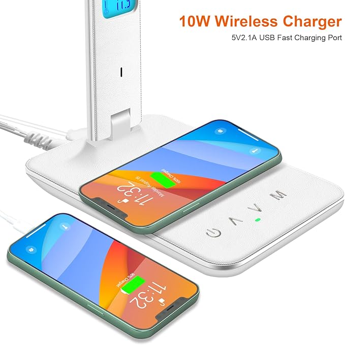 Desk Lamp with Wireless Charger, USB Charging Port, Dimmable Office Desk Light with Clock, Alarm, Date, Temperature, Foldable Lamp for Table Bedroom Bedside Office (White)