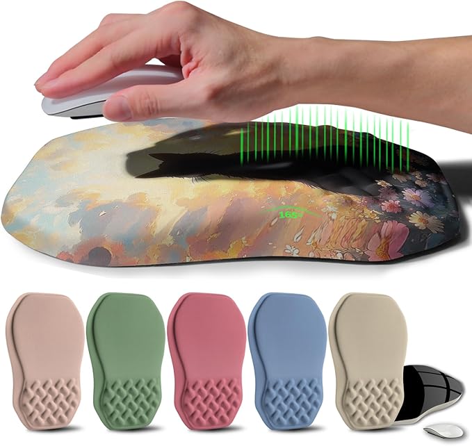 Ergonomic Raised Mouse Pad Wrist Support with Bilateral Slope Memory Foam Mousepad for Wrist Rest and Carpal Tunnel 11.8x7.9〃Flower Sea Cat