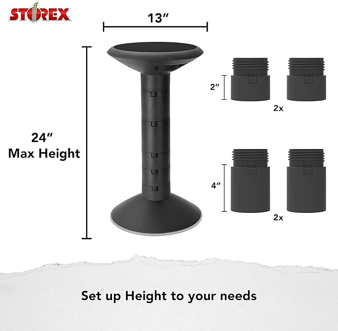 Storex Active Tilt Stool – Ergonomic Seating for Flexible Office Space and Standing Desks, Adjustable 12-24 Inch Height, Black (00320A01C)