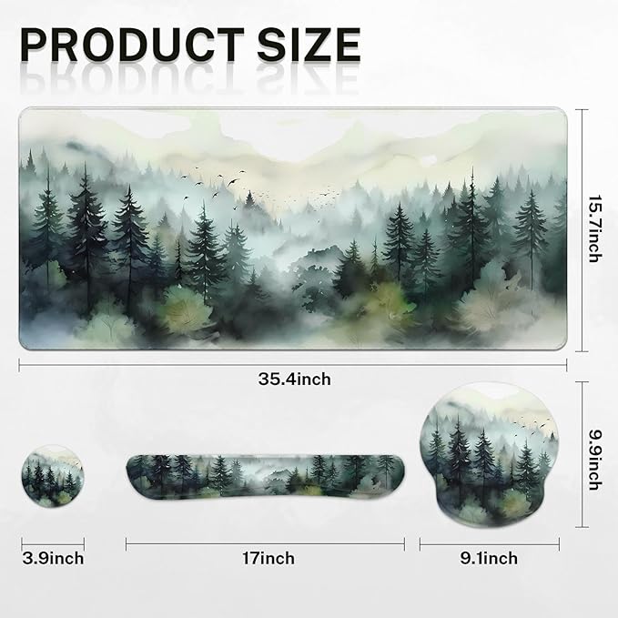 Britimes Green Ink Style Mountain Forest Keyboard Mouse Pad Set 4in1 Large Mousepad+Keyboard Wrist Rest+Mouse Wrist Rest+Coaster Set with Ergonomic Design for Home Office Computer 35.4x15.7 inches