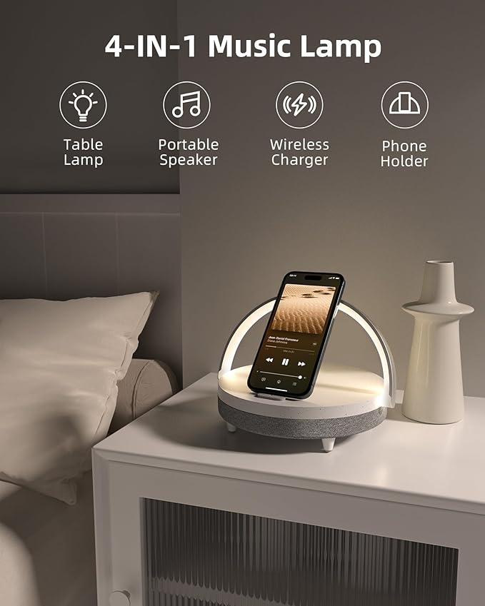 EZVALO Gifts for Women, 4-in-1 Bedside Lamp with Dimmable Night Light, Bluetooth Speaker, Charging Station and Phone Holder, Birthday Gifts for Mom, Teens, Families and Friends