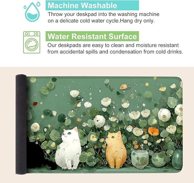 Desk Mat, XXL Extended Gaming Pad for Desktop, 31x12 Inches Floral Cats Three Kittens with Flowers, Large Non-Slip Vegan Leather Surface with Stitched Edges, Keyboard Mouse Mat for Home Office