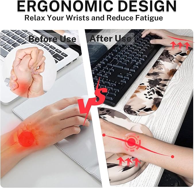 Britimes Brown Boho Tribal Flower Ergonomic Mouse Pad Set with Wrist Rest Non-Slip Rubber Base Wrist Cushion Support and Coasters Mousepad with Wrist Support for Computer Keyboard and Desk