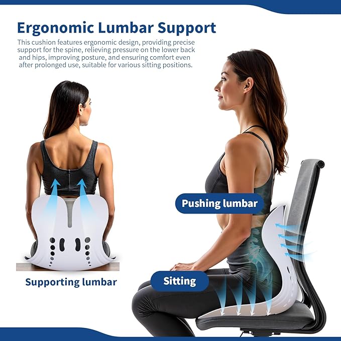 Ergonomic Back Support for Office Chair Cushion with Lumbar Pillow - Posture Corrector for Desk Chairs, Comfortable Memory Foam Seat Cushion for Lower Back & Lumbar Support (Black)