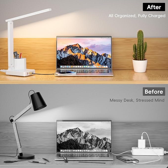COZOO Dimmable Desk Table Lamp with Pen Holder/Organizer,Study LED Desk Lamp with USB Charging Port/Type C Port/Outlets/Storage Box/Touch,Kids Desk Reading Light for Students,Desk Lamp for Home Office