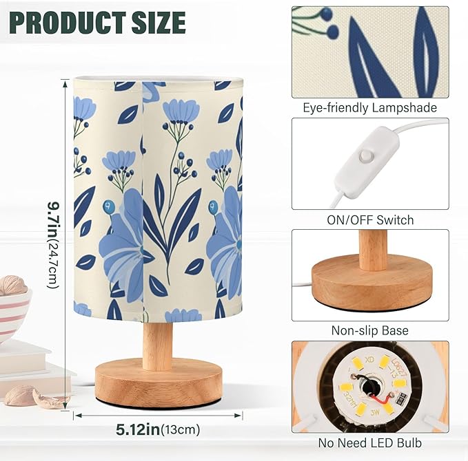 Blue Floral LED Table Lamp, Bedside Lamp with Linen Lampshade, Flicker-Free Eye Care USB Plug in Nightstand Lamp, for Bedroom and Office