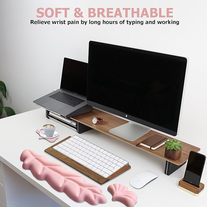 Ergonomic Keyboard Wrist Rest, Leaf Shape PU Leather Memory Foam Wrist Support for Computer Keyboard, Keyboard Pad and Cute Mouse Wrist Pad for Gaming,Office, Computer, Typing, Pastel Pink