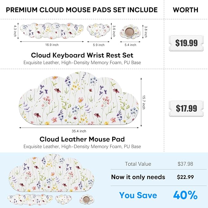 JIKIOU Large Cloud Mouse Pad Waterproof with Cloud Keyboard Wrist Pad and Cloud Mouse Wrist Pad Set, Ergonomic Computer Desk Wrist Support Mousepad for Keyboard and Mouse 35.4x15.7in White Flowers